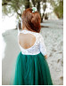 Ivory Lace Emerald Green Tulle Keyhole Back Flower Girl Dress